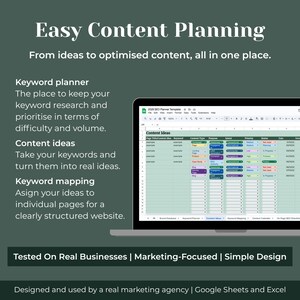 May include: A laptop screen shows a spreadsheet labelled "Content Ideas" with multiple columns. The interface is green and white. Text on the screen includes "Keyword planner," "Content ideas," and "Keyword mapping." The image also contains the text "Easy Content Planning."