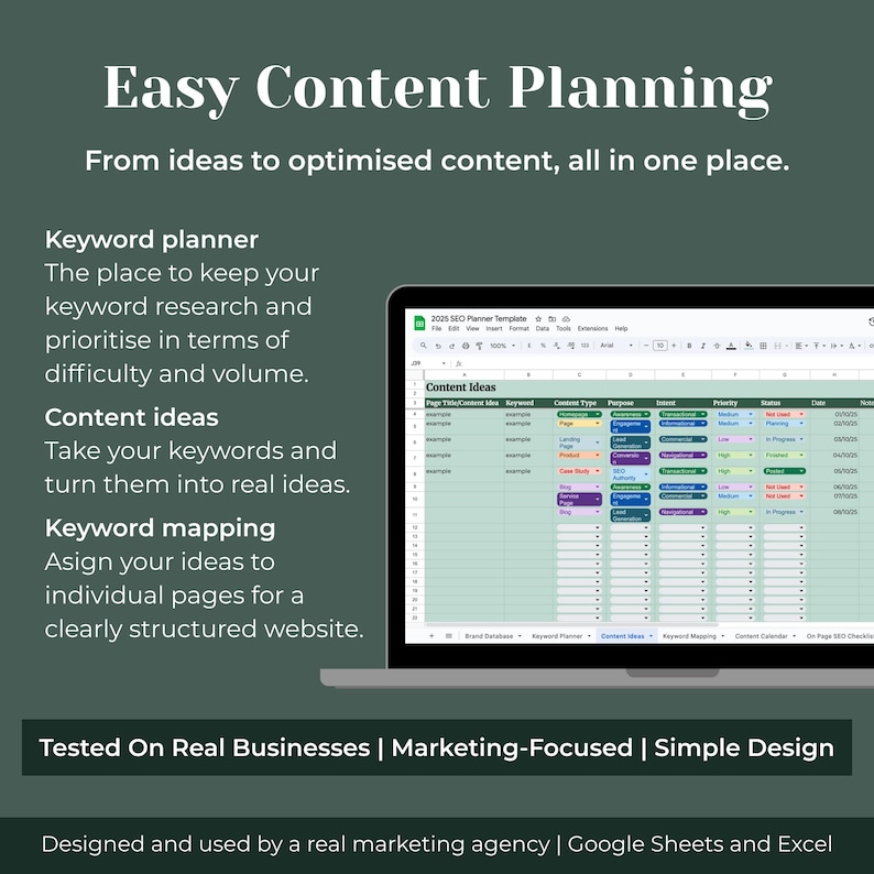 May include: A laptop screen shows a spreadsheet labelled "Content Ideas" with multiple columns. The interface is green and white. Text on the screen includes "Keyword planner," "Content ideas," and "Keyword mapping." The image also contains the text "Easy Content Planning."