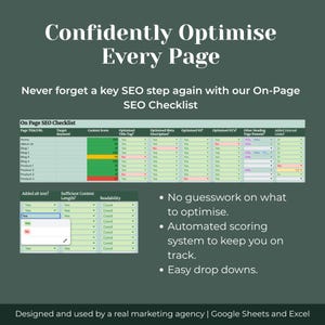 May include: A green graphic with the text "Confidently Optimise Every Page" and "On-Page SEO Checklist." The checklist includes sections for page title, keywords, content score, and readability. The image also includes bullet points about optimisation.
