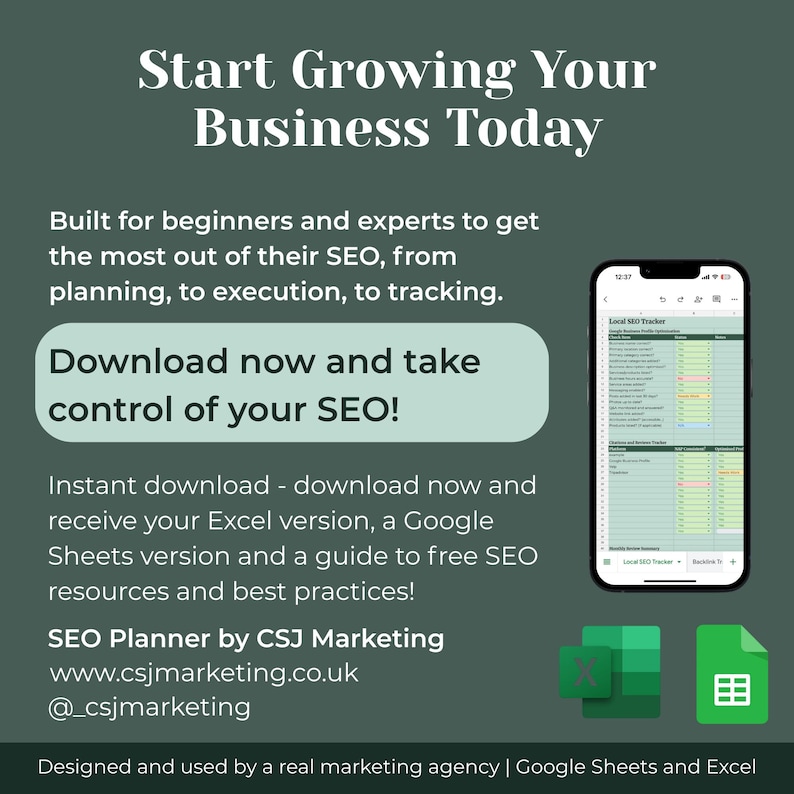 May include: A digital marketing graphic with the text "Start Growing Your Business Today." It promotes an SEO planner with Excel and Google Sheets versions. The image includes a smartphone displaying a spreadsheet and the logos for Excel and Google Sheets.