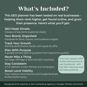 May include: A dark green graphic with white text detailing the contents of an SEO planner. The text lists features such as SEO made simple, brand organisation, and growth tracking. A PDF guide with SEO resources is also included.