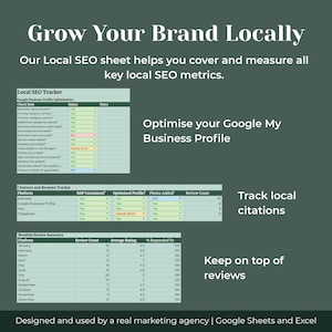 May include: A green graphic with the text "Grow Your Brand Locally" and "Our Local SEO sheet helps you cover and measure all key local SEO metrics." The image includes tables for local SEO tracking, citations, reviews, and Google My Business profile optimisation.