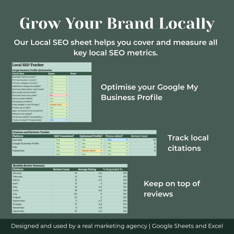 May include: A green graphic with the text "Grow Your Brand Locally" and "Our Local SEO sheet helps you cover and measure all key local SEO metrics." The image includes tables for local SEO tracking, citations, reviews, and Google My Business profile optimisation.