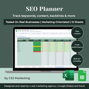 Puede incluir: Un portátil abierto muestra una plantilla de planificador SEO con una interfaz de hoja de cálculo. El texto dice "SEO Planner" y "Track keywords, content, backlinks & more." El texto adicional incluye "Tested On Real Businesses" y "12 Sheets."