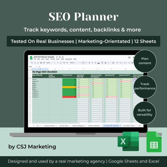 SEO Planner and Tracker | Keyword Planning, SEO Checklist, Content Calendar, Performance and Analytics (Google Sheets and Excel)