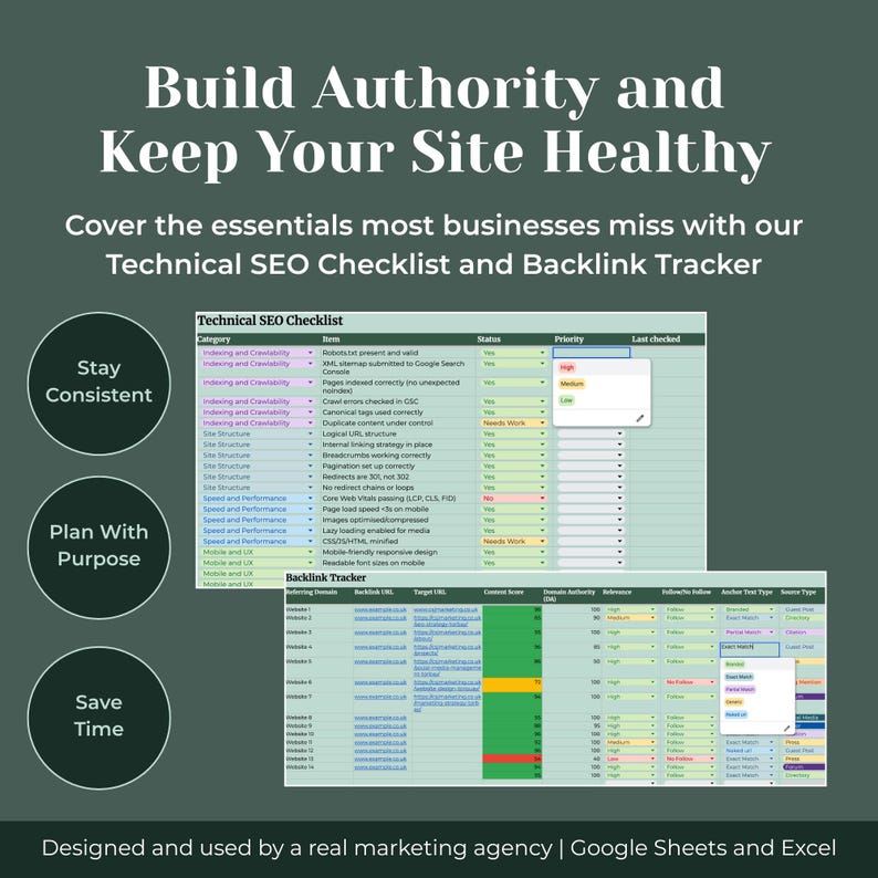 May include: A green graphic with the text "Build Authority and Keep Your Site Healthy." It includes a technical SEO checklist and a backlink tracker. The image also has the text "Stay Consistent," "Plan With Purpose," and "Save Time."