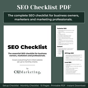 May include: A printable SEO Checklist PDF document for business owners and marketers. The cover page features the title SEO Checklist, a subtitle, and the CSJMarketing logo. Additional pages display technical, content, off-page, and local SEO tasks.
