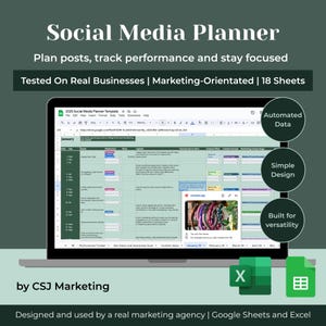 Social Media Planner: Kalender Template, Content Bank, Performance Tracker, Markenführung (Excel & Google Sheets)