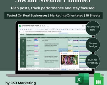 Social Media Planner: Calendar Template, Content Bank, Performance Tracker, Brand Management (Excel & Google Sheets)