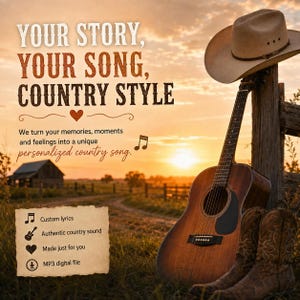 May include: A brown acoustic guitar leaning against a wooden fence post with a tan cowboy hat resting on top. Beside the guitar are brown leather cowboy boots. The text reads: YOUR STORY, YOUR SONG, COUNTRY STYLE, and lists custom lyrics and MP3 file.
