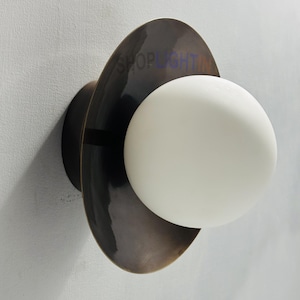 Handmade Brass Wall Sconce Light: Mid-Century Modern Opal Glass