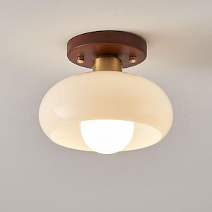 1950&#39;s Mid Century Flush Mount Ceiling Light | Wooden Canopy Brass Fixture with Glass Globe Shade | Modern Hallway, Bedroom, Kitchen Lightin