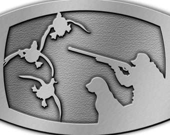DuckBandBrand belt buckle. Hunter with dog, and cupped up ducks