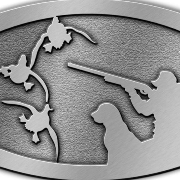 DuckBandBrand belt buckle. Hunter with dog, and cupped up ducks