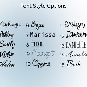 May include: Image displaying "Font Style Options" with 15 different font styles. Each style showcases a name, such as "Mackenzie" or "Ashley", in a unique font. The fonts vary from cursive to bold, offering a range of design choices.