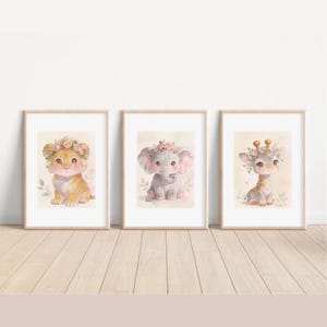 花柄サファリ動物柄保育園プリント：女の子の部屋の装飾、3枚セット
