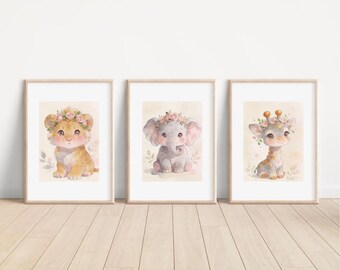 Floral Safari Animal Nursery Prints: Girl Room Decor, Set of 3