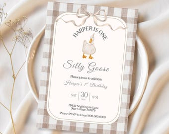 Silly Little Goose Birthday Invite. Editable Silly Goose One Invitation. Boys 1st Birthday Pink Gingham First Party Coquette Bow Theme. G7