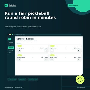 Può includere: Un'interfaccia di download digitale per il software per tornei di pickleball RallyMint. Lo schermo mostra una dashboard di programmi e punteggi con abbinamenti di partite round robin per giocatori su più campi, in una tonalità blu scuro.