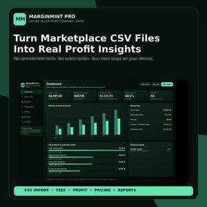 May include: MarginMint Pro software interface displayed on a dark green background. The dashboard shows financial metrics including gross sales, marketplace fees, estimated profit, and profit margin. Text includes Turn Marketplace CSV Files Into Real Profit Insights and CSV Import, Fees, Profit, Pricing, Reports.