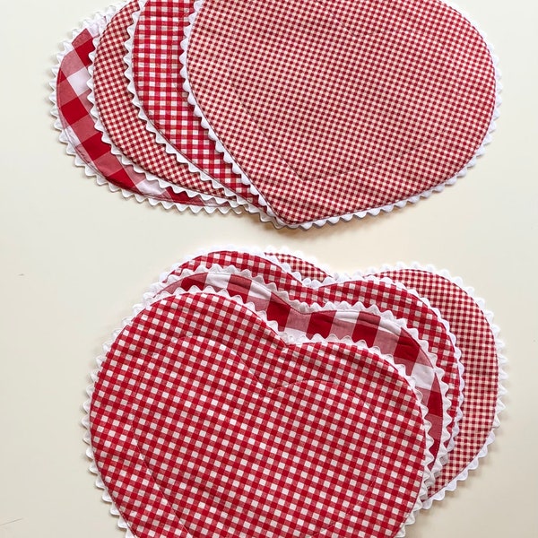 SAVE for Jane, Heart shaped placemats, red gingham, pink gingham