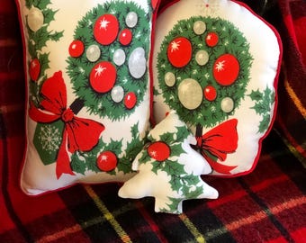 Handmade Christmas decorative pillows, repurposed vintage tablecloth
