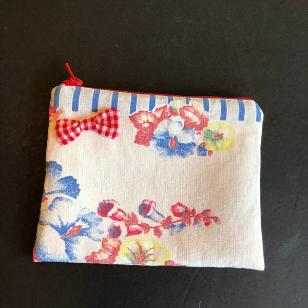 Handmade zipper pouch, repurposed vintage dish towel, red gingham