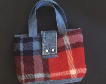 Plaid denim fabric handbag, plaid and denim, fabric basket
