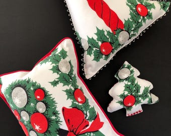 Handmade Christmas pillows, decorative throw pillows, repurposed vintage tablecloth