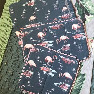 Pink Flamingo mug rugs, small table mats, pink and gray