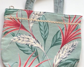 Vintage Barkcloth Tote Bag, Tropical Print Purse, Travel Luggage
