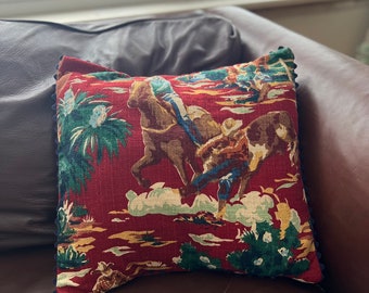 Western cowboy barkcloth pillow cover, rodeo cowboy