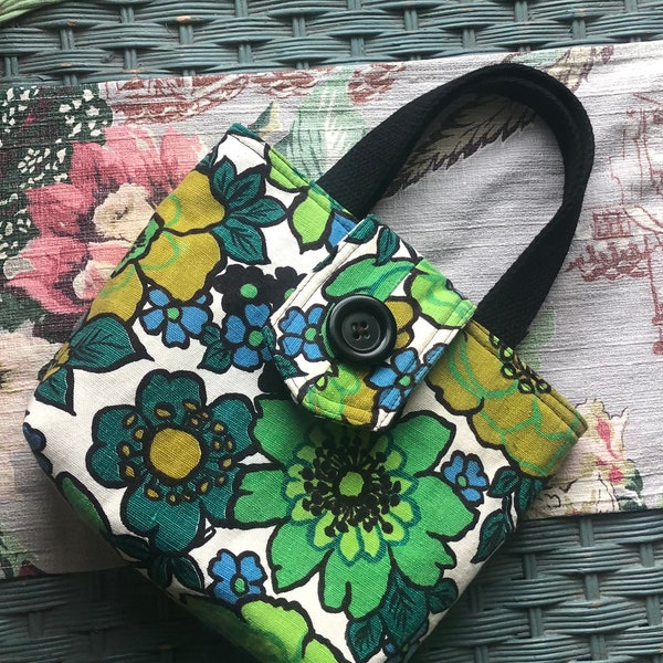 Small green floral  handbag, repurposed vintage fabric, handmade purse