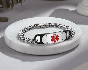 Pulsera de alerta médica de acero inoxidable personalizada, pulsera médica personalizada con grabado, identificación y pulseras médicas, joyería de emergencia para él.