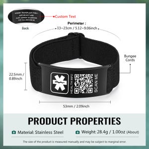 May include: Black medical ID bracelet with a stainless steel plate featuring a medical symbol, QR code, and the words "HEALTH INFO" and "SCAN ME." The band is 0.89 inches wide, and the plate is 2.09 inches long. The perimeter is 5.12-9.06 inches.