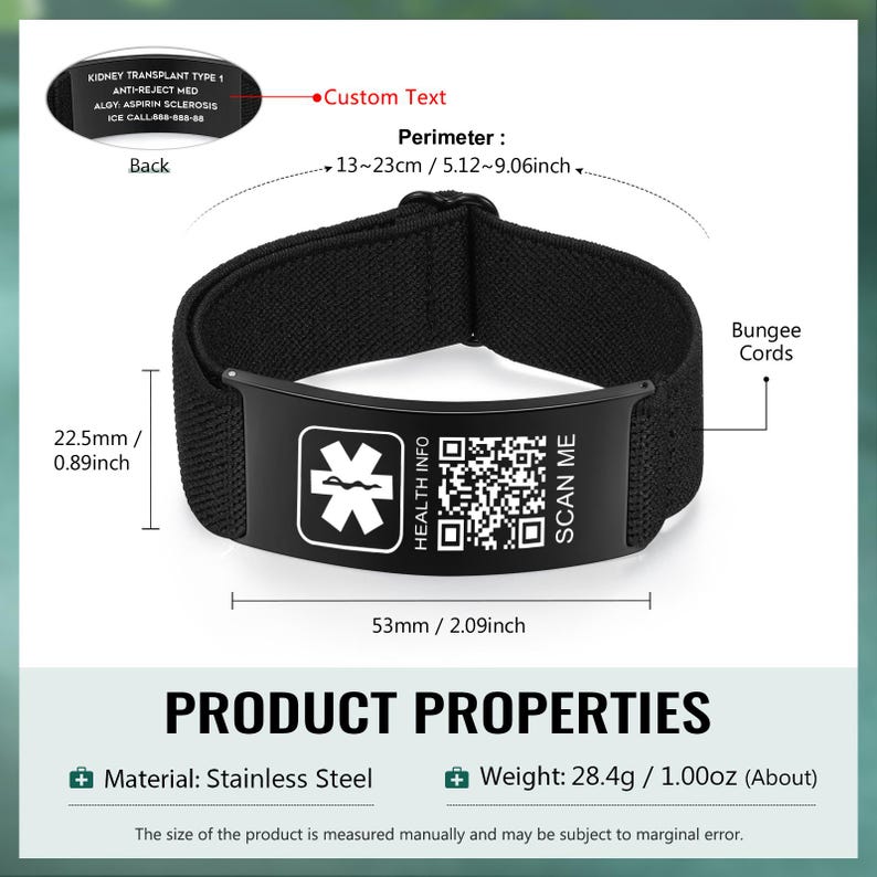 May include: Black medical ID bracelet with a stainless steel plate featuring a medical symbol, QR code, and the words "HEALTH INFO" and "SCAN ME." The band is 0.89 inches wide, and the plate is 2.09 inches long. The perimeter is 5.12-9.06 inches.