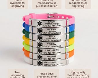 Personalized Kids Emergency Medical Bracelet, Allergy Bracelet, Medical Alert Bracelet For Kids, Diabetic, Autism & Kids Medical ID Bracelet
