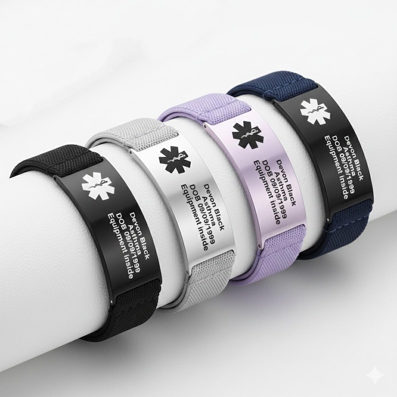 May include: Four medical alert bracelets in black, gray, white, and lavender. Each bracelet has a metal plate with a medical symbol and the text "Devon Black, Asthma, DOB 09/09/1999, Equipment Inside."