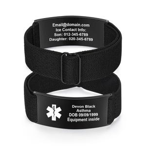 May include: Two black medical alert bracelets. One bracelet displays contact information, including an email address and phone numbers. The other bracelet has a medical symbol and the wearer's name, medical condition, date of birth, and a note about equipment.