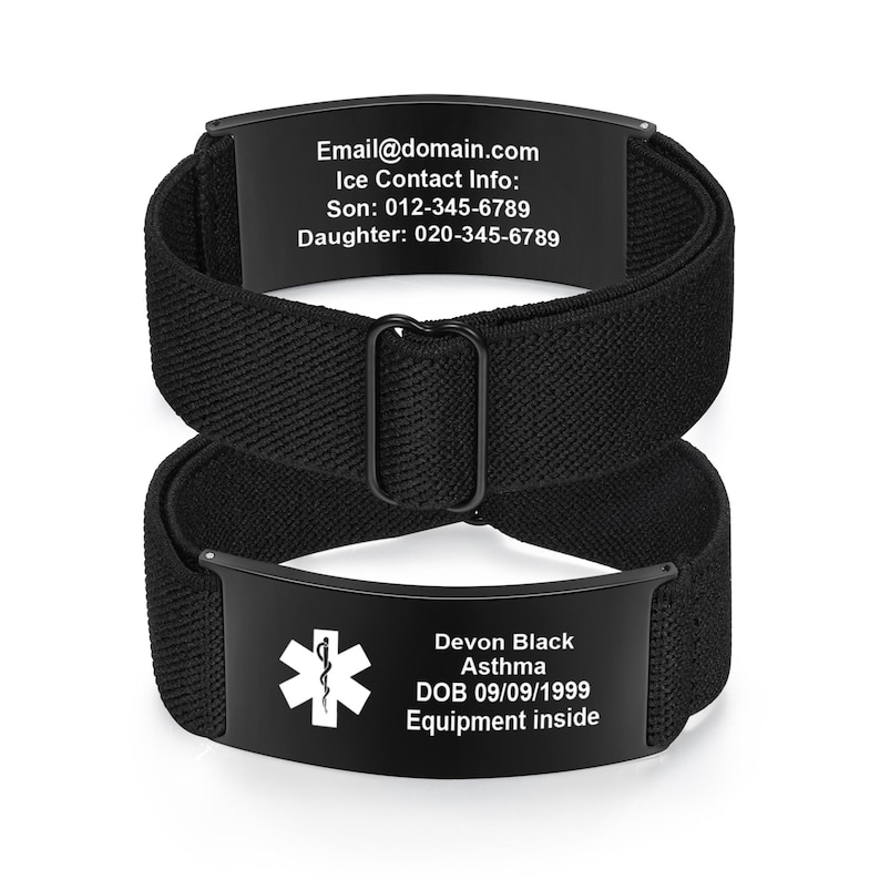 May include: Two black medical alert bracelets. One bracelet displays contact information, including an email address and phone numbers. The other bracelet has a medical symbol and the wearer's name, medical condition, date of birth, and a note about equipment.