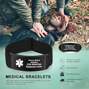 May include: Black medical ID bracelet with a white medical symbol and engraved text. The text includes a name, medical condition, and date of birth. The bracelet is shown with a person receiving medical attention.