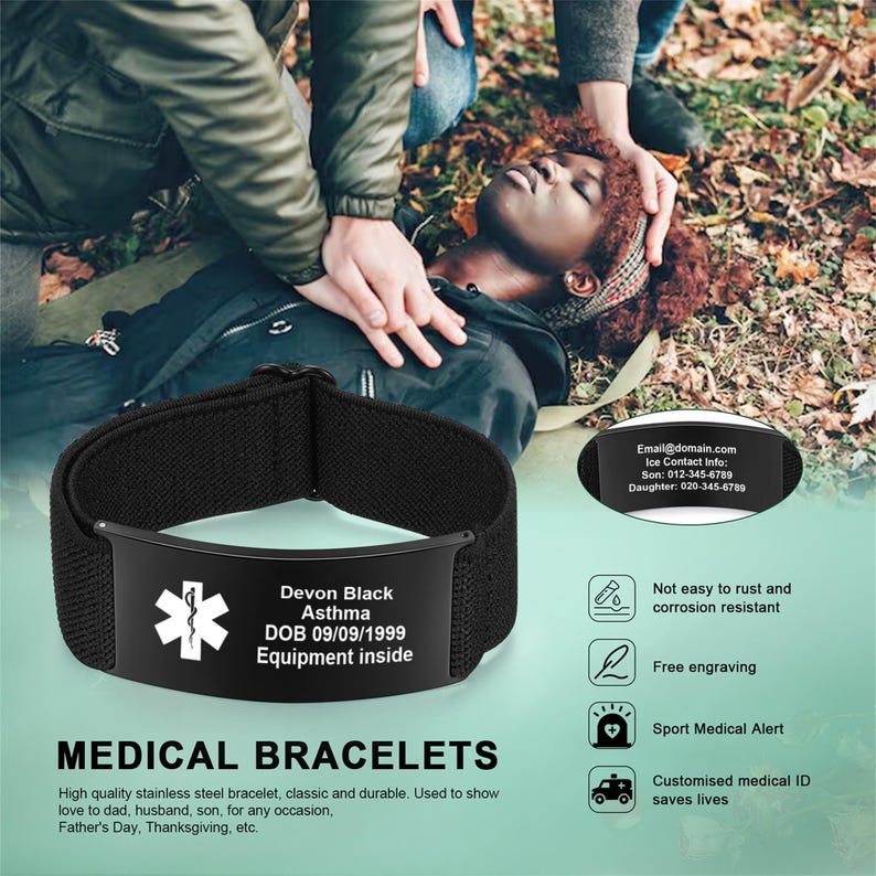 May include: Black medical ID bracelet with a white medical symbol and engraved text. The text includes a name, medical condition, and date of birth. The bracelet is shown with a person receiving medical attention.