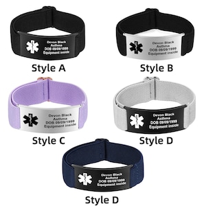 May include: Medical alert bracelets in black, white, lavender, and navy blue. Each bracelet features a metal plate with a medical symbol and text: "Devon Black Asthma DOB 09/09/1999 Equipment inside."