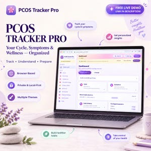 Könnte beinhalten: Ein Laptop zeigt das PCOS Tracker Pro Dashboard, ein browserbasiertes Gesundheitsmanagement-Tool. Der Bildschirm enthält Bereiche für Zyklus-, Symptom- und Gewohnheitsverfolgung. Text umfasst PCOS Tracker Pro, Your Cycle, Symptoms & Wellness und Free Live Demo.