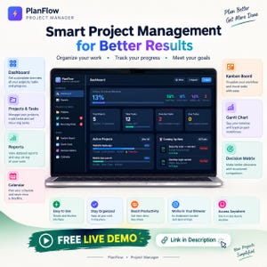 May include: A laptop displaying the PlanFlow project management dashboard with dark mode interface, showing project progress, tasks, and analytics. Surrounding the screen are feature icons for dashboard, kanban board, gantt chart, and calendar tools.