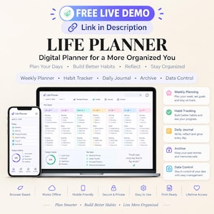 Peut inclure: Un planificateur de vie numérique affiché sur un écran d'ordinateur portable et de smartphone. L'interface comprend des sections pour la planification hebdomadaire, le suivi des habitudes, un journal quotidien et le contrôle des données.