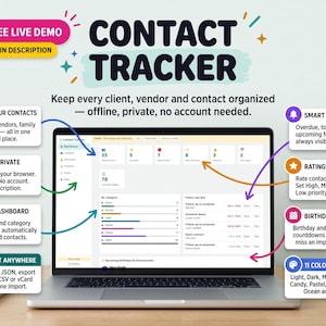Peut inclure: Un ordinateur portable affichant une interface de logiciel de suivi de contacts avec un tableau de bord montrant des métriques, des catégories et des listes de suivi. L'image inclut des étiquettes pour les fonctionnalités.