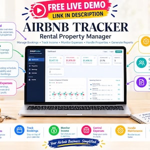 May include: A laptop displaying an Airbnb Tracker dashboard with various software features highlighted, including income, expenses, and booking management. The screen shows data charts and text labels for property management, maintenance, and guest reports.