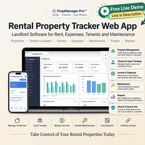 Può includere: Applicazione web di monitoraggio delle proprietà in affitto PropManager Pro visualizzata su un laptop e uno smartphone. L'interfaccia mostra dashboard con grafici per spese, inquilini e manutenzione, inclusi strumenti di gestione e report.