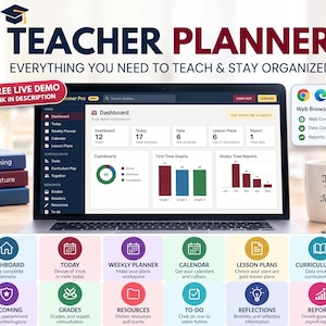 Op de afbeelding: Een digitale lerarenplanner op een laptopscherm met een dashboard, grafieken en gegevens. Onder de laptop staat een raster van twaalf gekleurde iconen die functies vertegenwoordigen zoals dashboard, weekplanner en rapporten.